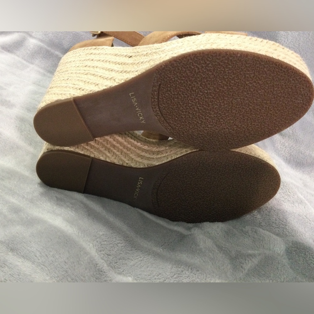 Lisa Vicky Gemi Cognac Kid Suede Platform Espadrille Wedges Size 9M - Picture 7 of 12